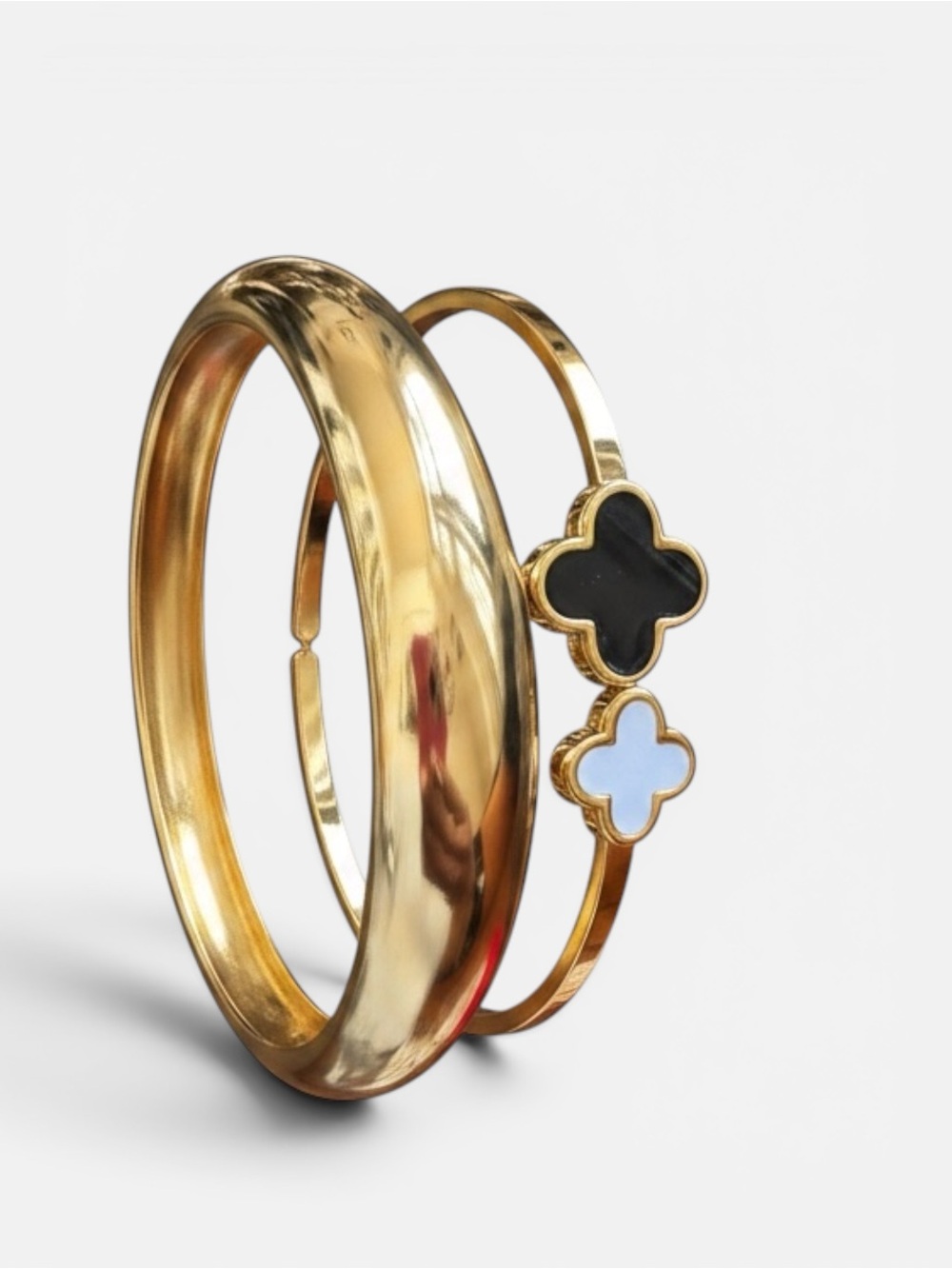 NEW Italian Gold Filled Clover Bracelet Set Snap Closure 8.5” Gold Bangle Stack